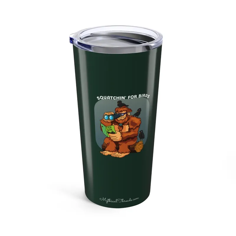 Deep forest green tumbler with Bigfoot birdwatching graphic
