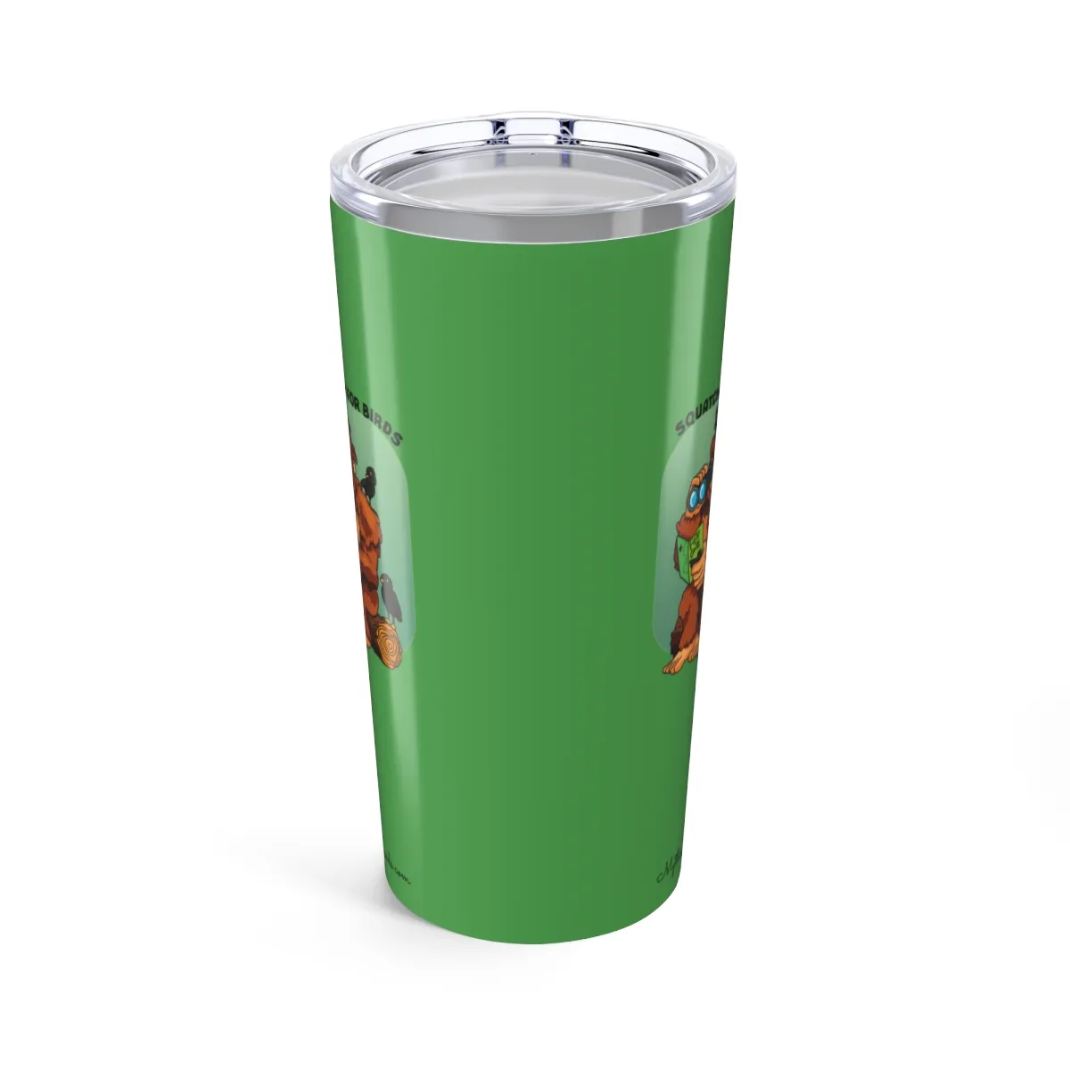 Forest green tumbler with Bigfoot birdwatching graphic