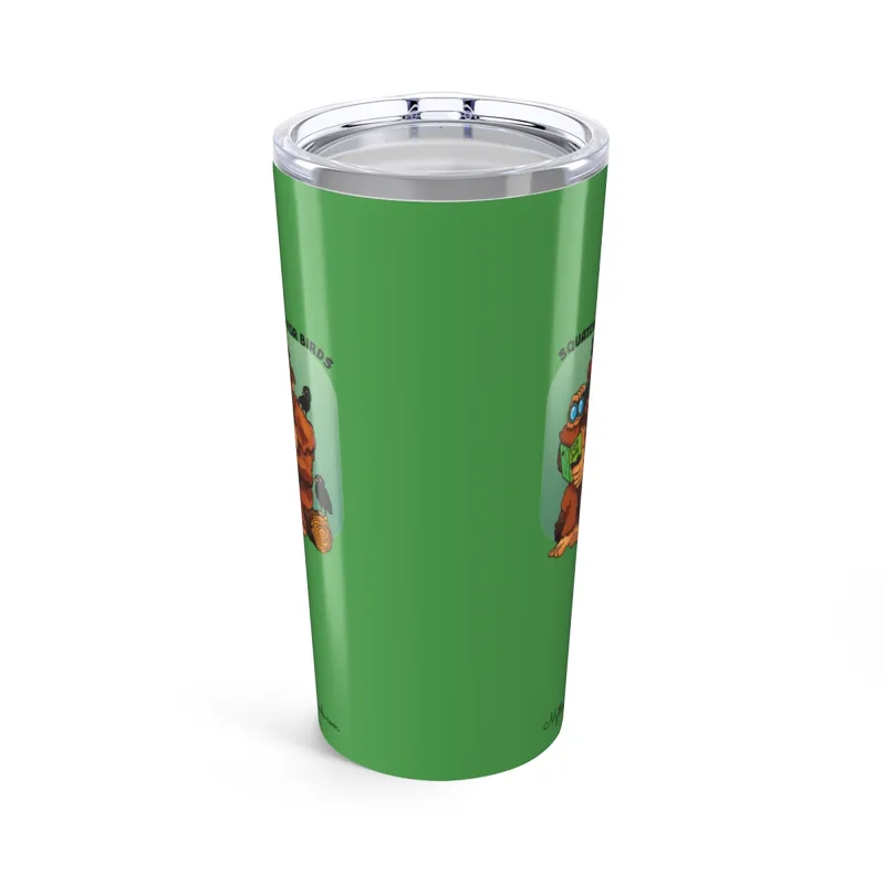 Forest green tumbler with Bigfoot birdwatching graphic