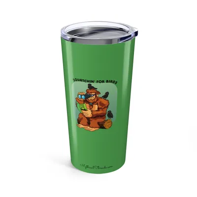 Forest green tumbler with Bigfoot birdwatching graphic
