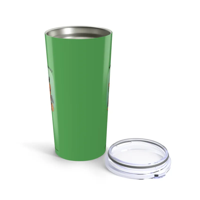 Forest green tumbler with Bigfoot birdwatching graphic