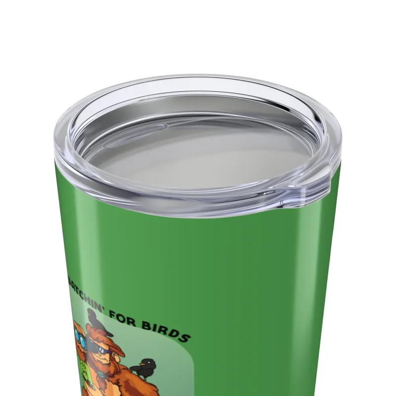 Forest green tumbler with Bigfoot birdwatching graphic