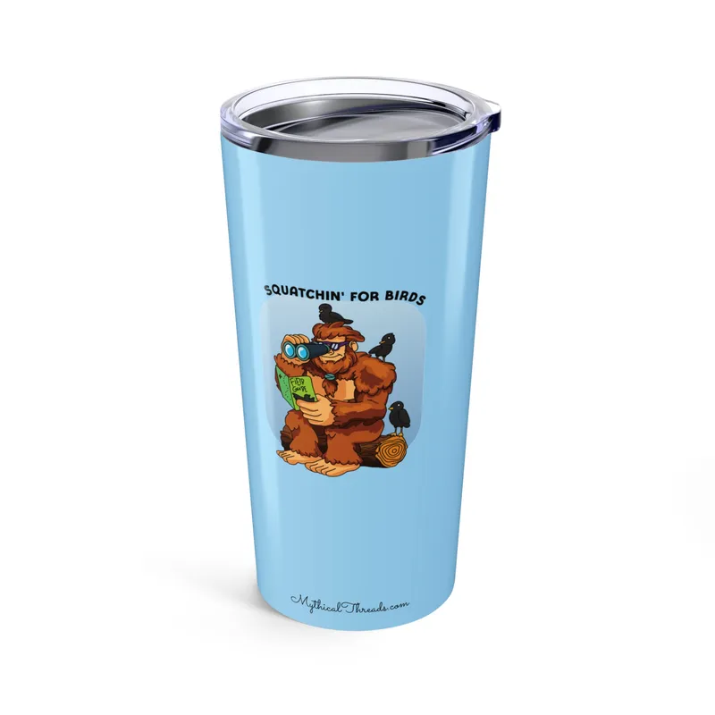 Sky blue tumbler with Bigfoot birdwatching graphic