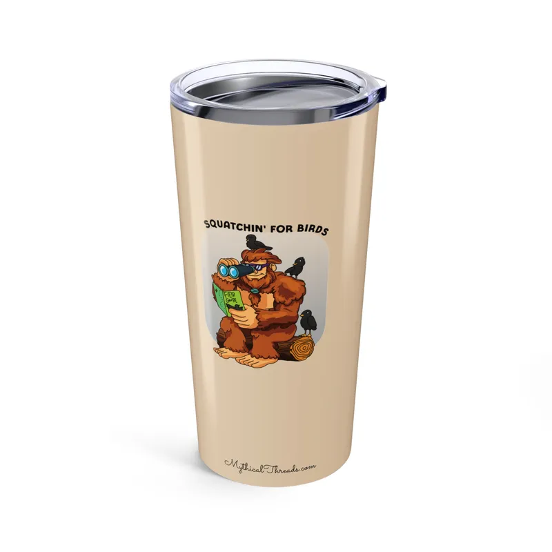 Warm sand tumbler with Bigfoot birdwatching graphic