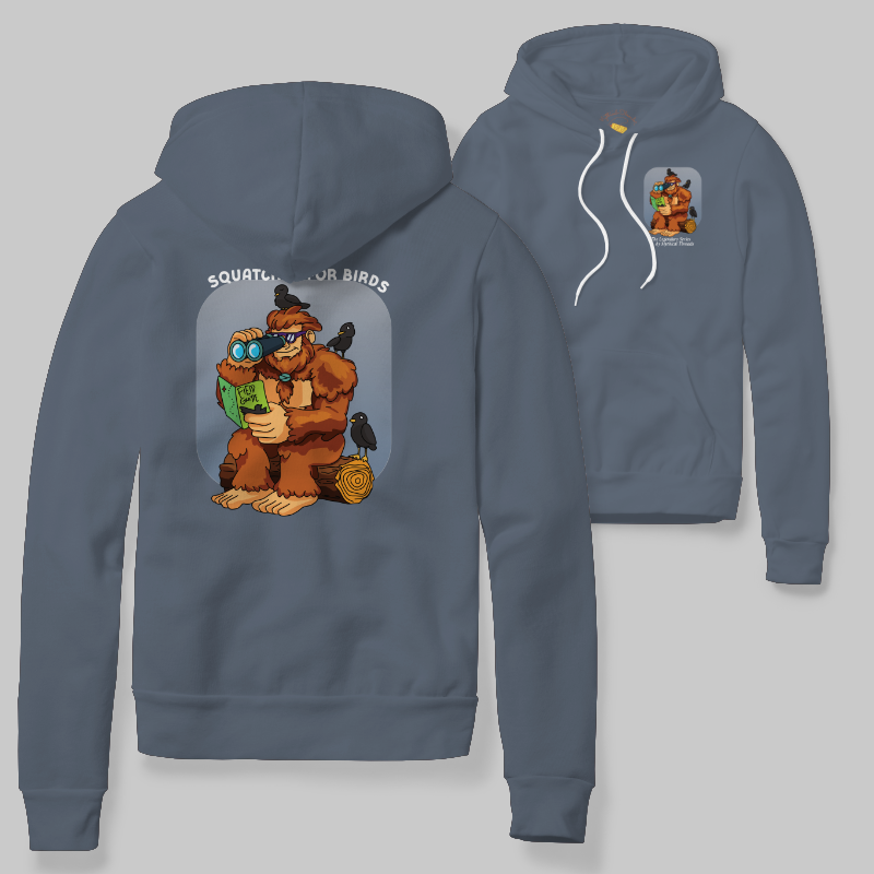 Blue Jean Hoodie with Bigfoot birdwatching graphic