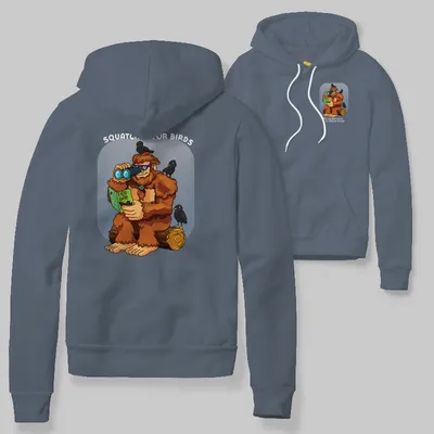 Blue Jean Hoodie with Bigfoot birdwatching graphic