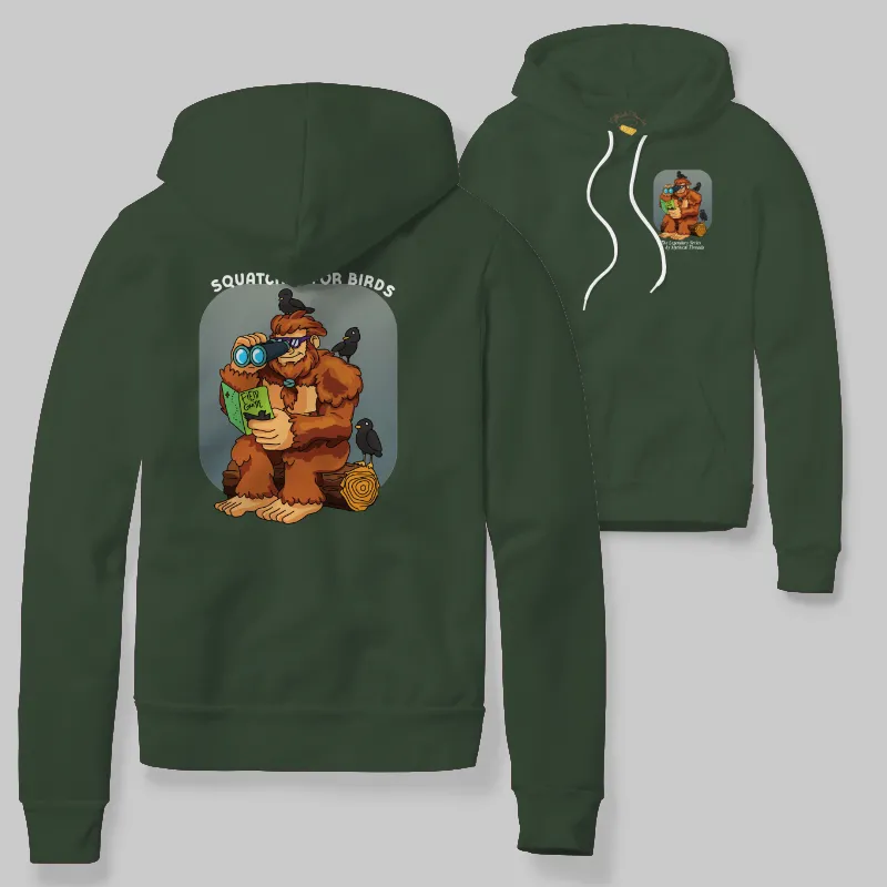 Blue Spruce Hoodie with Bigfoot birdwatching graphic