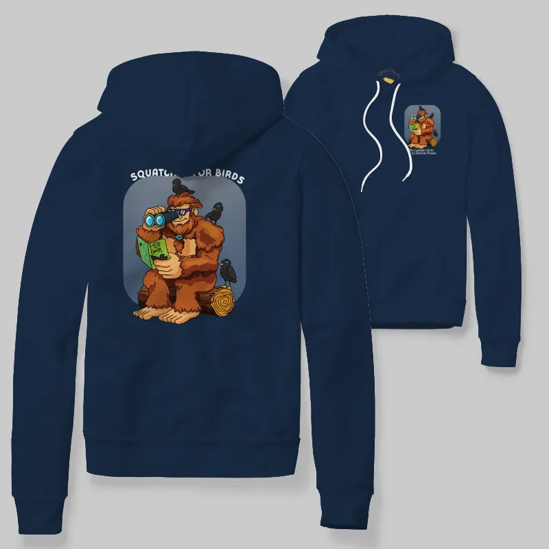 Denim Hoodie with Bigfoot birdwatching graphic
