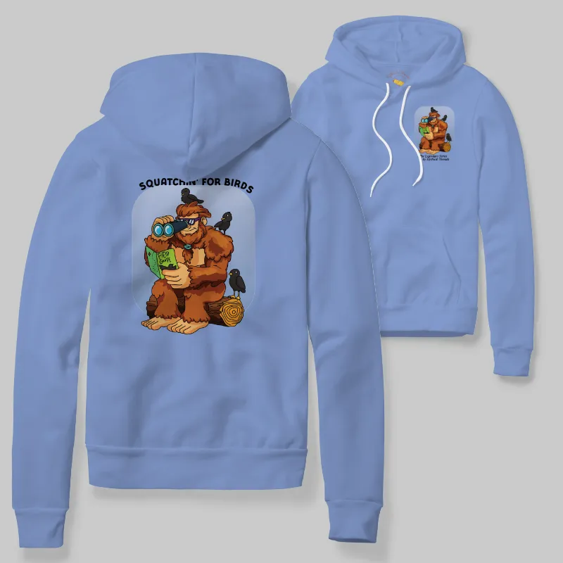 Flo Blue Hoodie with Bigfoot birdwatching graphic