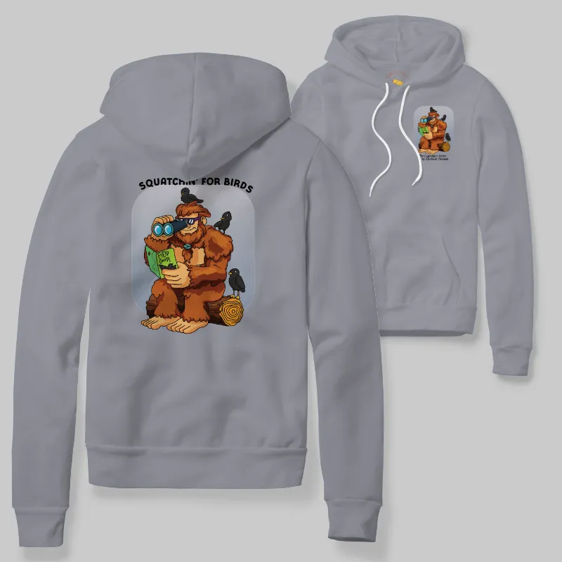 Grey Hoodie with Bigfoot birdwatching graphic
