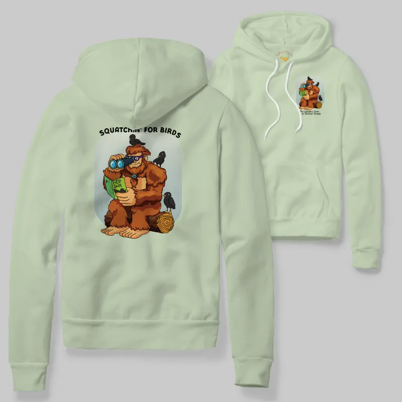 Light Green Hoodie with Bigfoot birdwatching graphic