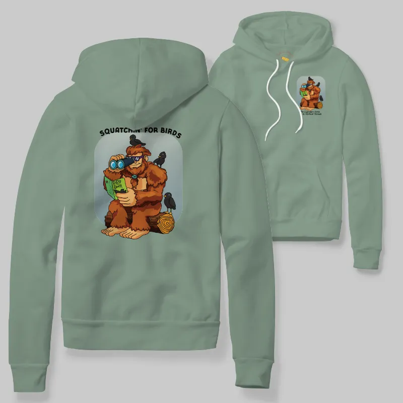 Seafoam Hoodie with Bigfoot birdwatching graphic
