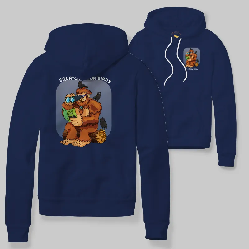 True Navy Hoodie with Bigfoot birdwatching graphic