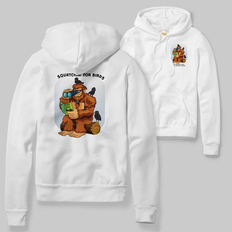 White Hoodie with Bigfoot birdwatching graphic