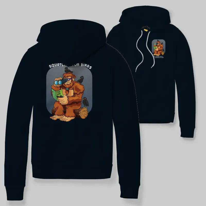 Black Hoodie with Bigfoot birdwatching graphic