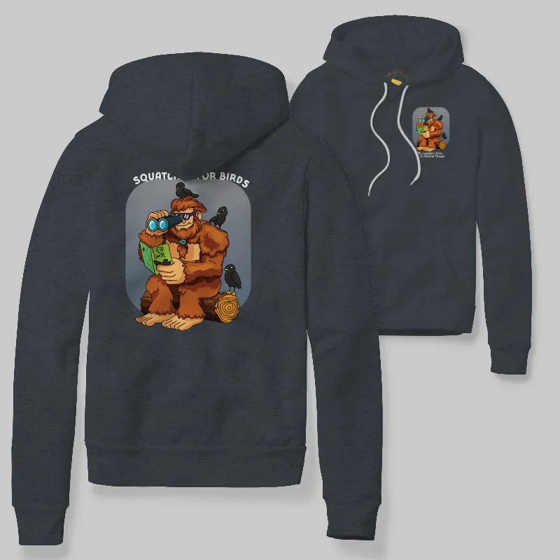 Charcoal Heather Hoodie with Bigfoot birdwatching graphic