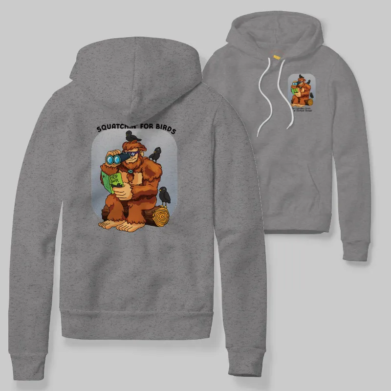 Heather Grey Hoodie with Bigfoot birdwatching graphic