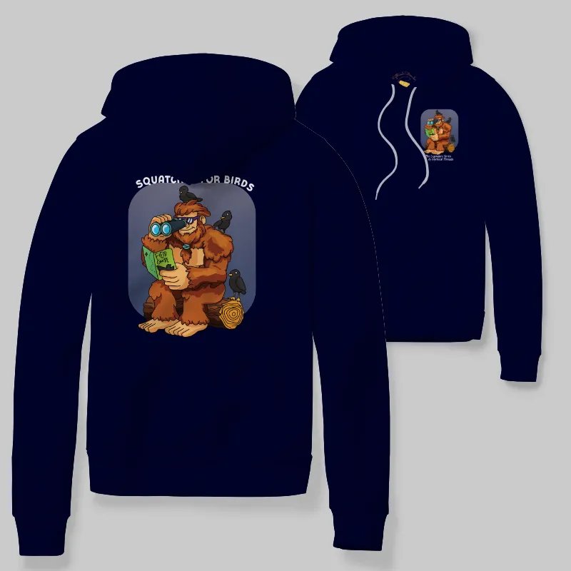 Navy Hoodie with Bigfoot birdwatching graphic