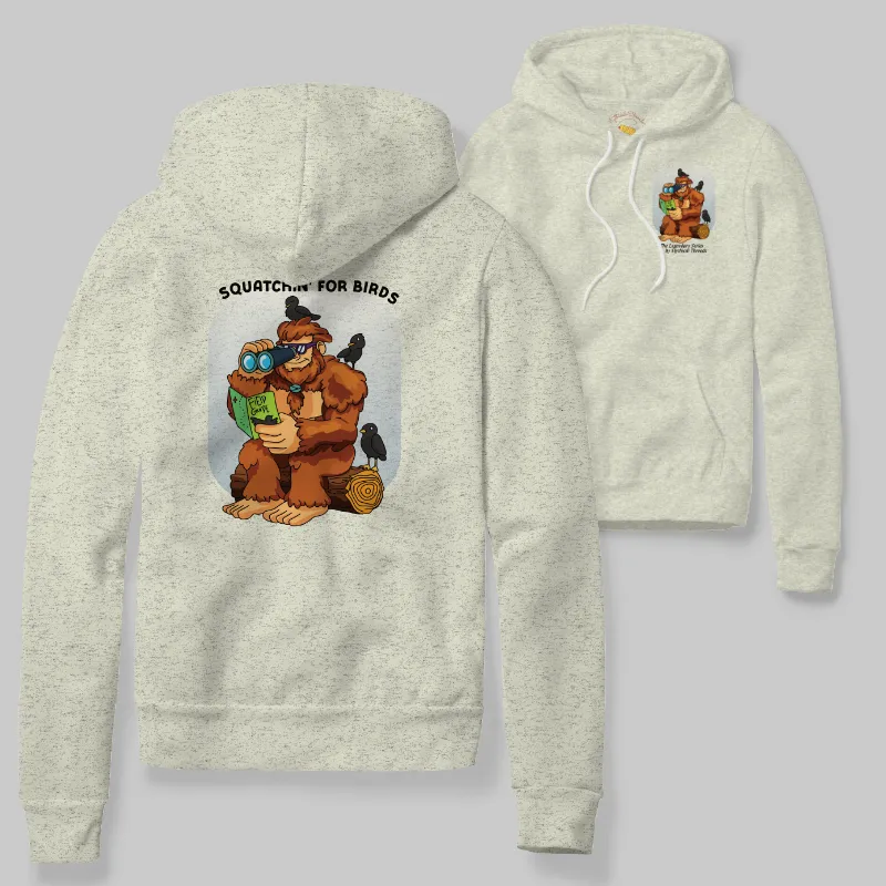 Oatmeal Heather Hoodie with Bigfoot birdwatching graphic