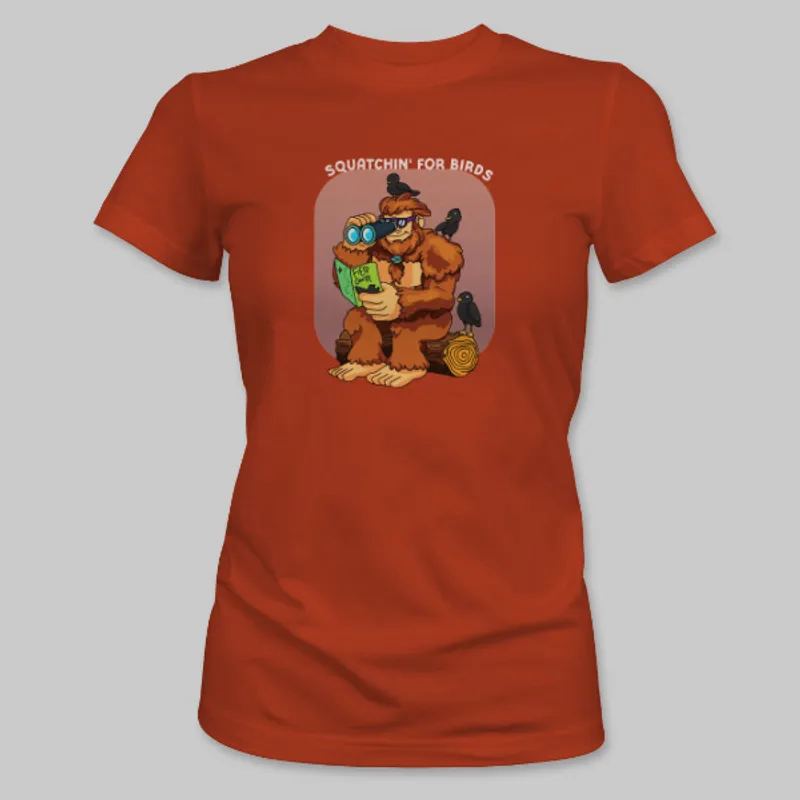 Red Bigfoot Birdwatching Tee on the front.