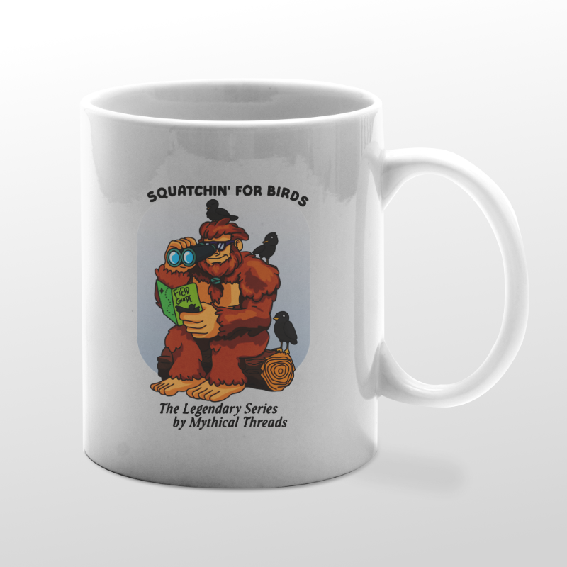 White mug with Bigfoot birdwatching graphic