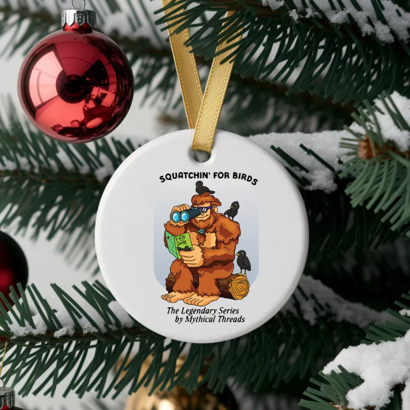 White mug with Bigfoot birdwatching graphic