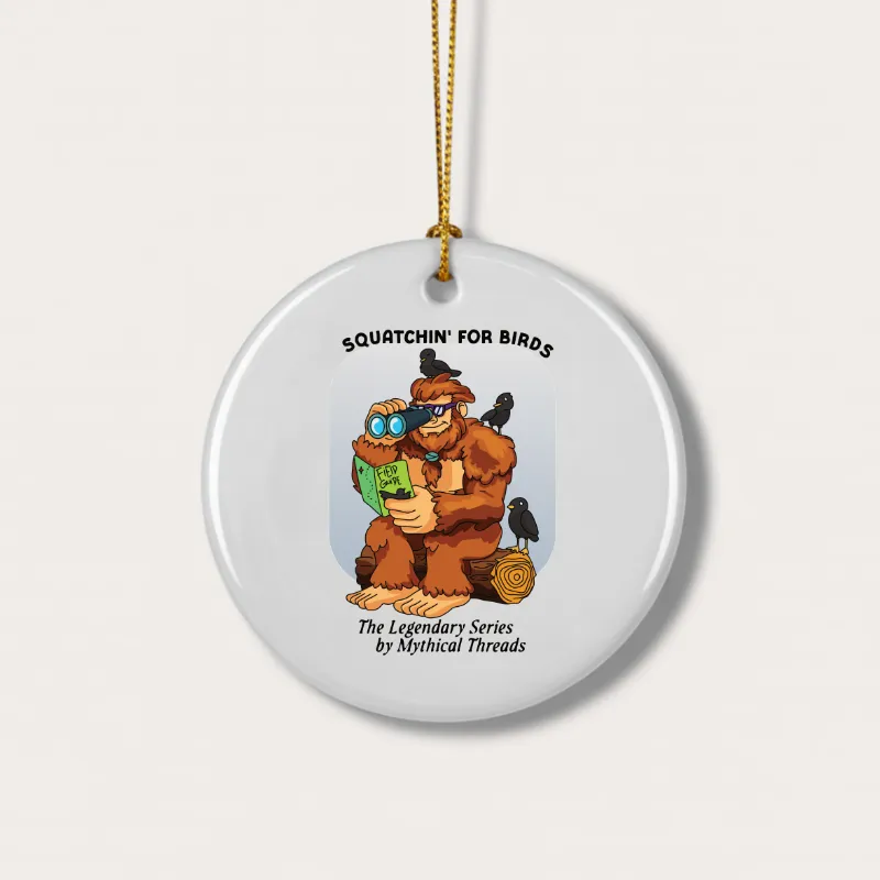 White mug with Bigfoot birdwatching graphic