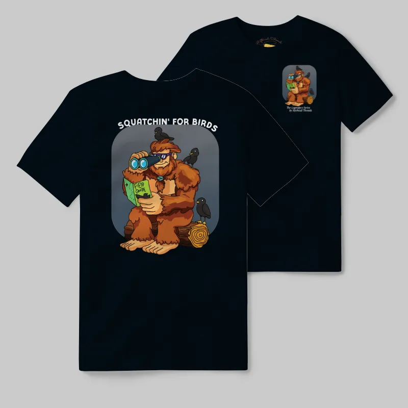 Black Heather T-shirt with Bigfoot birdwatching graphic