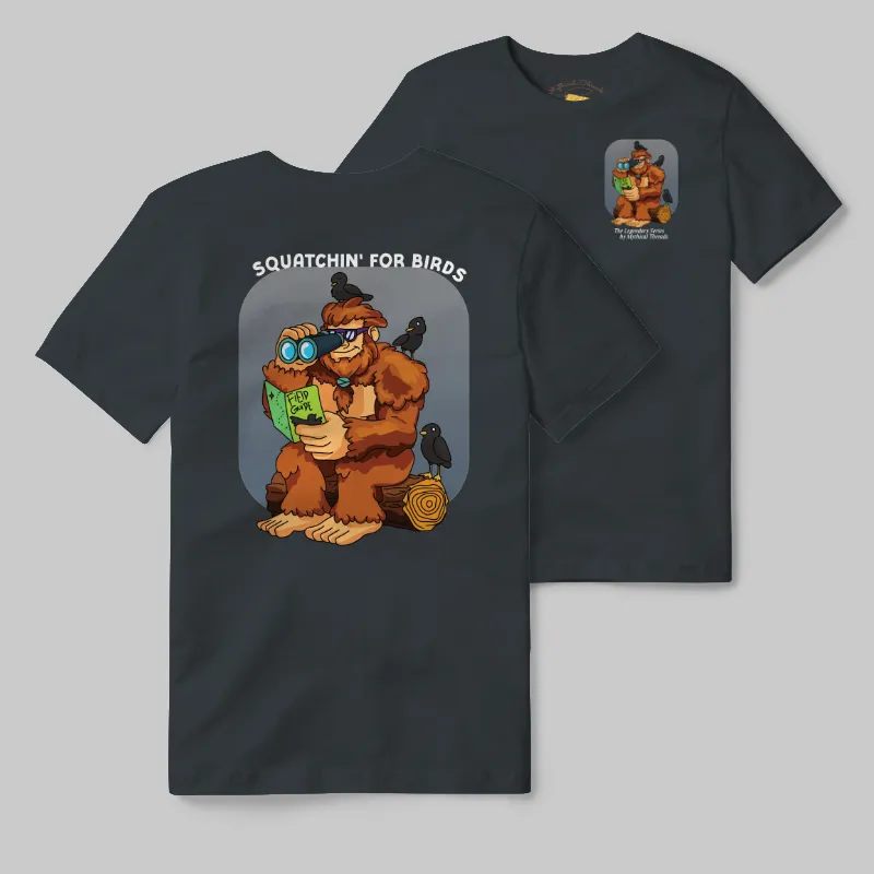 Charcoal T-shirt with Bigfoot birdwatching graphic