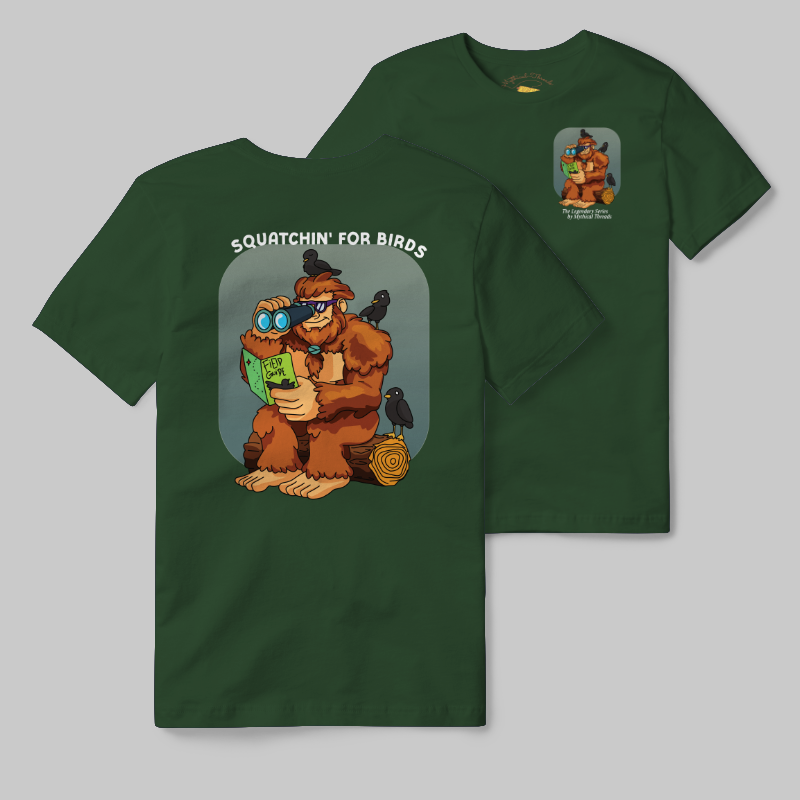 Emerald T-shirt with Bigfoot birdwatching graphic