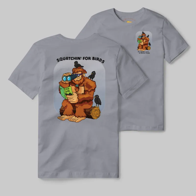 Grey T-shirt with Bigfoot birdwatching graphic