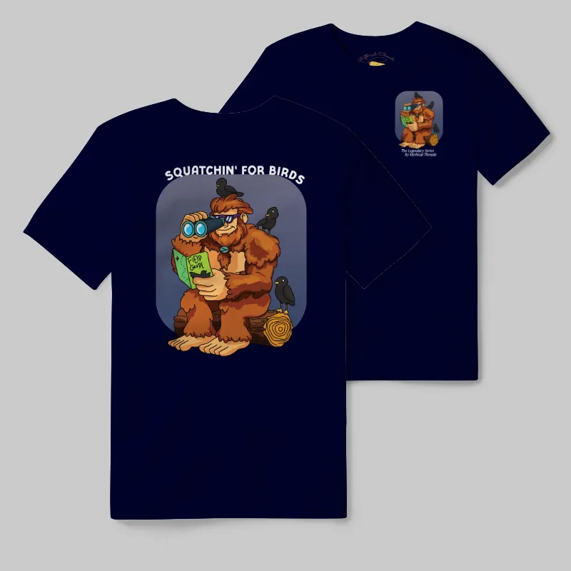 Navy T-shirt with Bigfoot birdwatching graphic