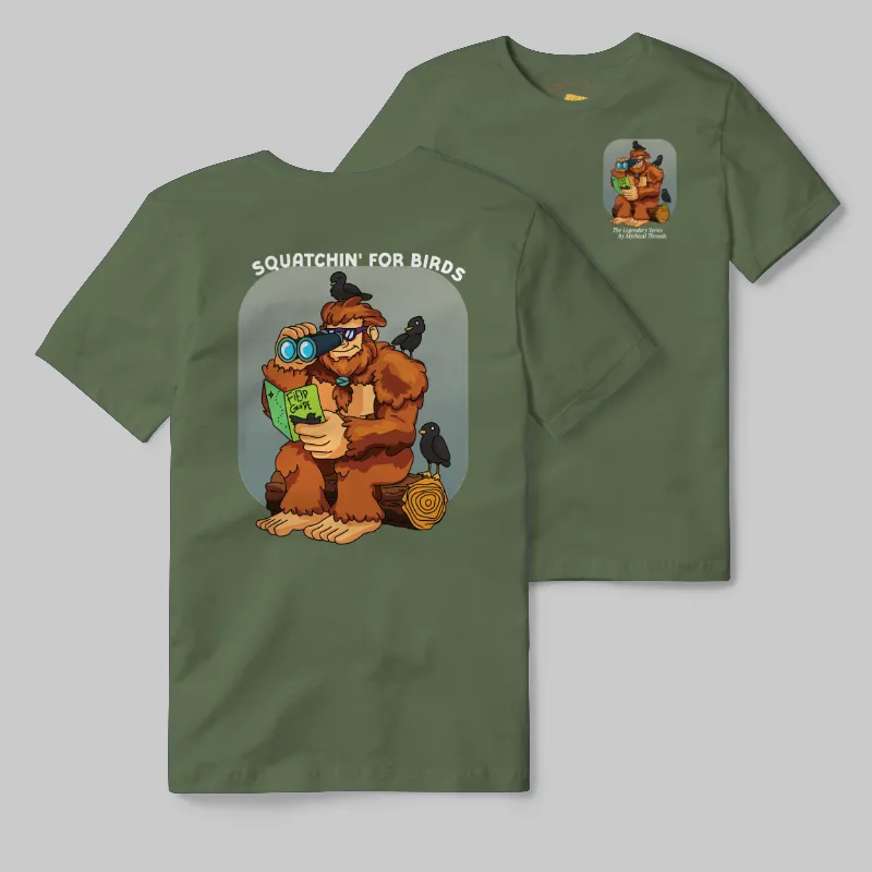 Olive T-shirt with Bigfoot birdwatching graphic
