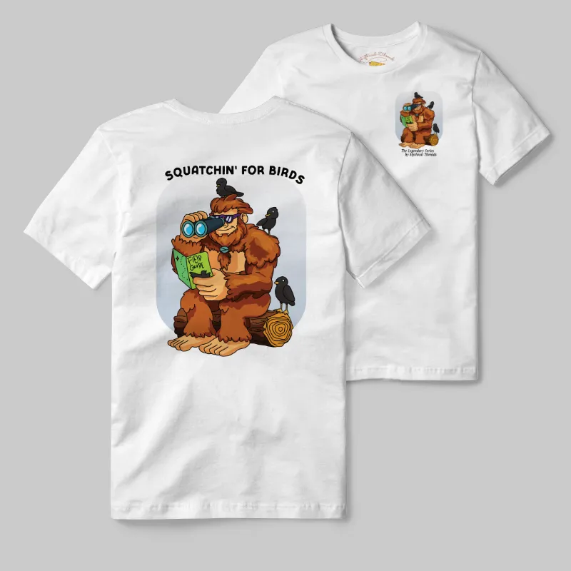 White T-shirt with Bigfoot birdwatching graphic