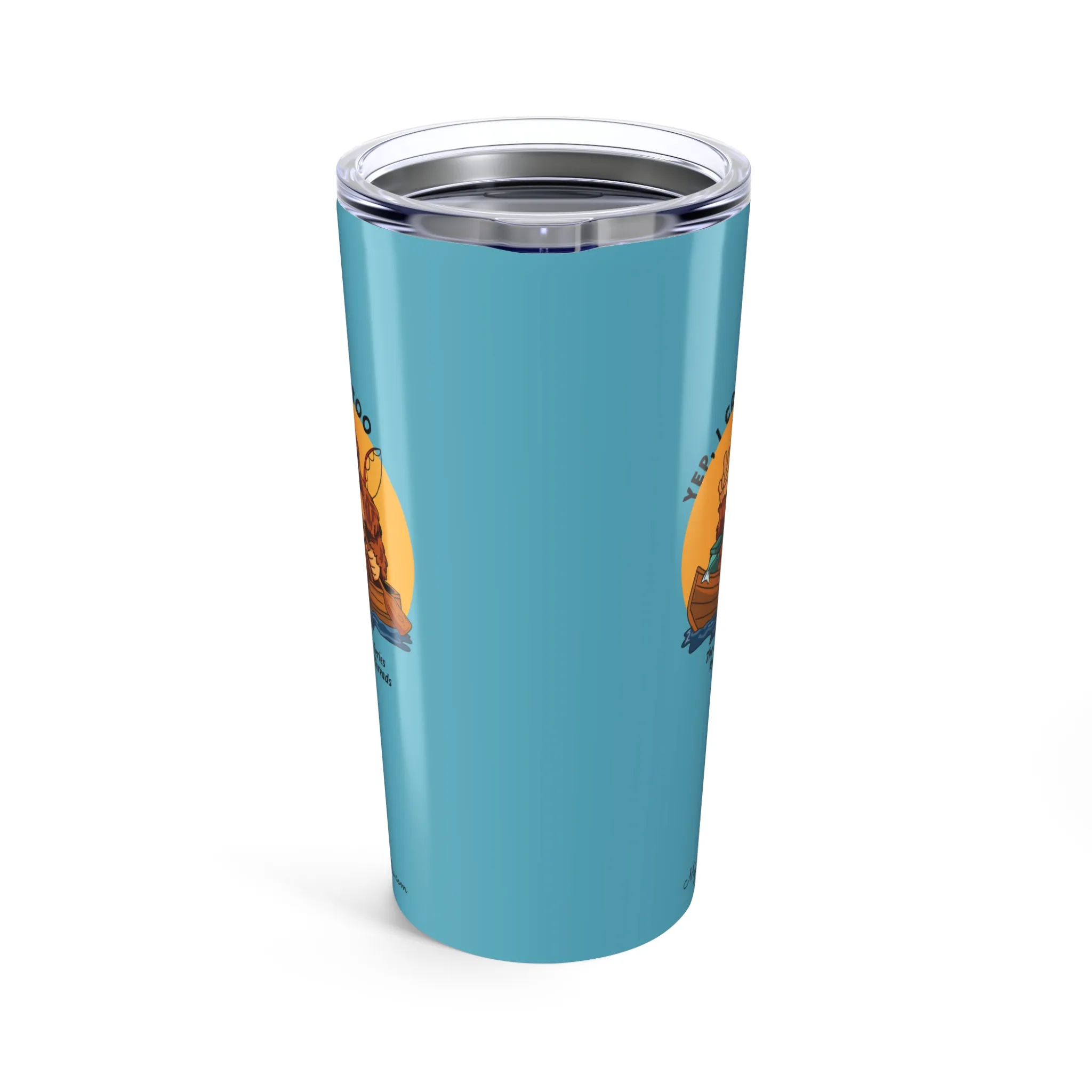 Aqua blue tumbler with Bigfoot canoeing graphic