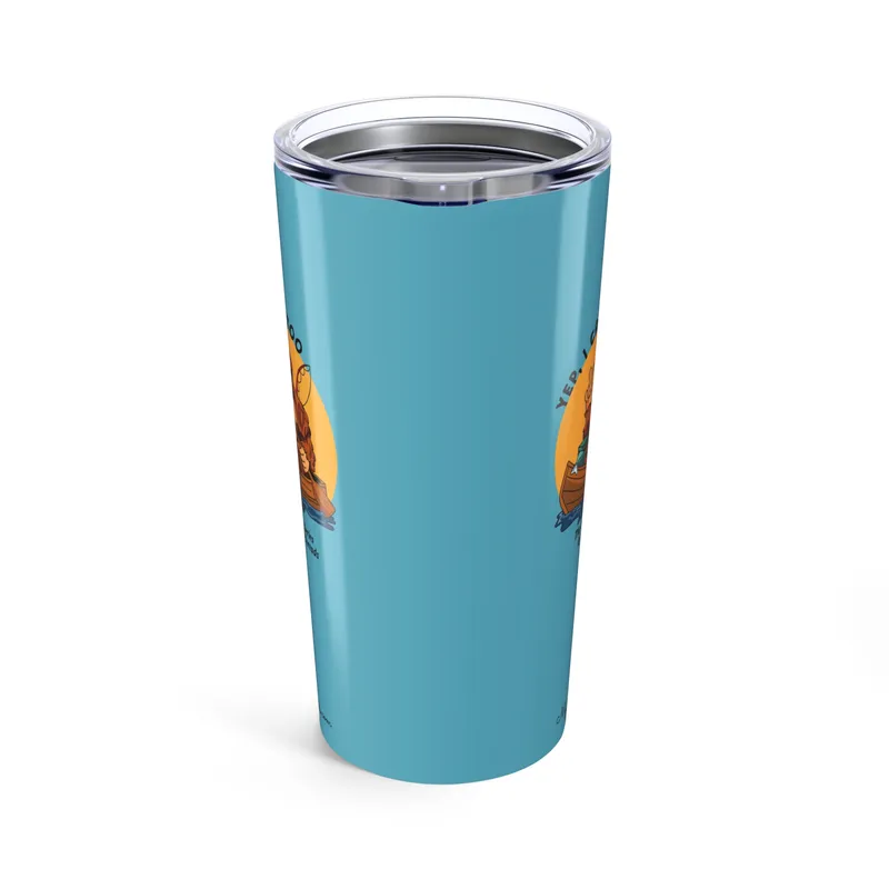 Aqua blue tumbler with Bigfoot canoeing graphic