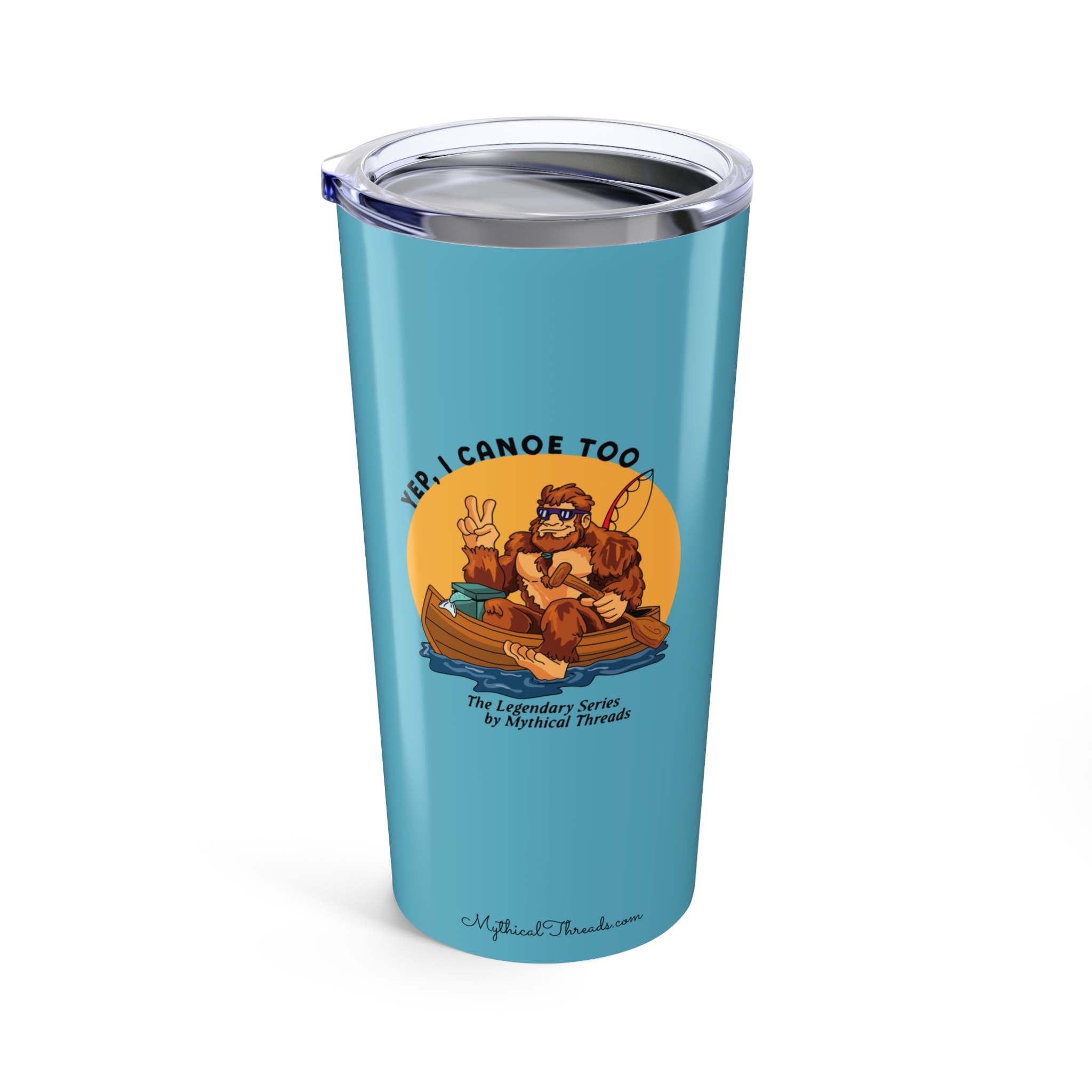 Aqua blue tumbler with Bigfoot canoeing graphic