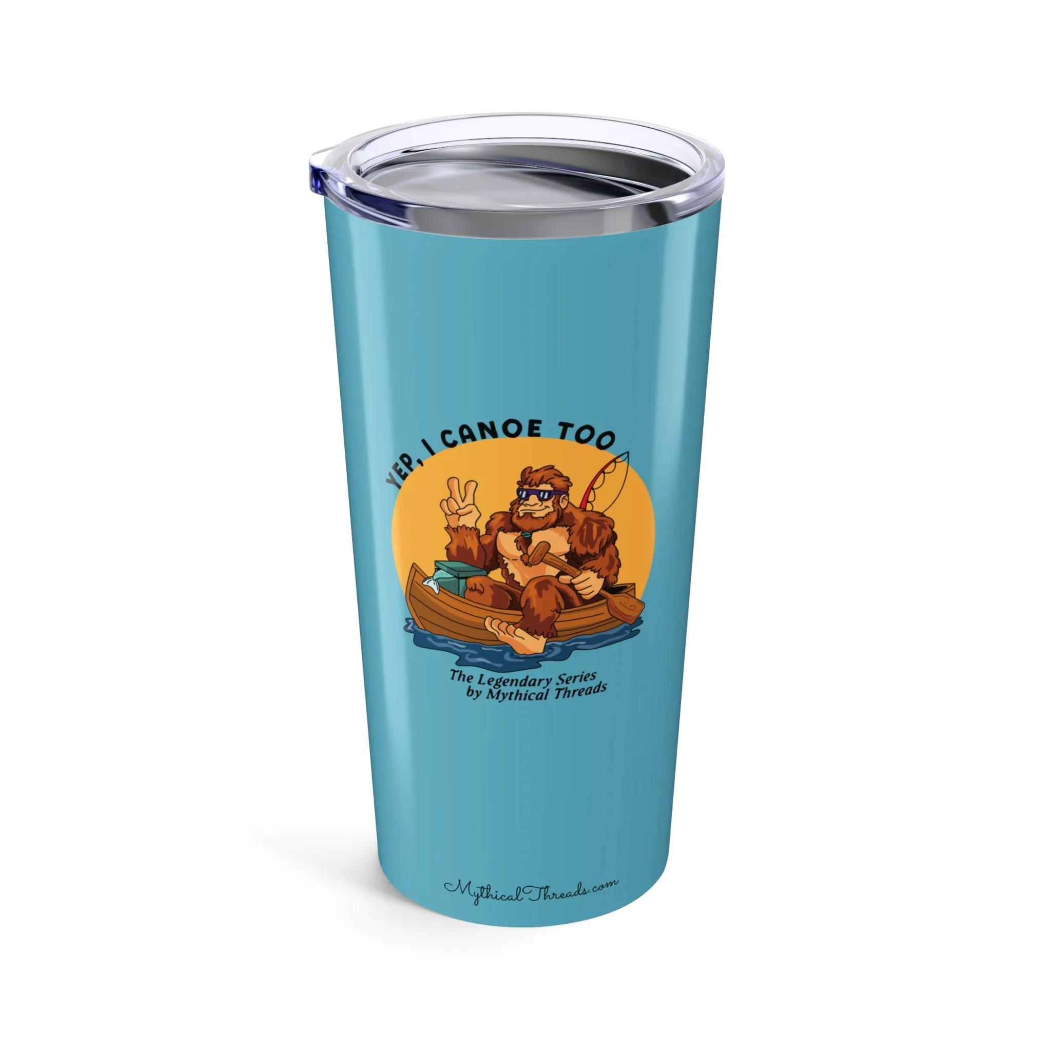Aqua blue tumbler with Bigfoot canoeing graphic