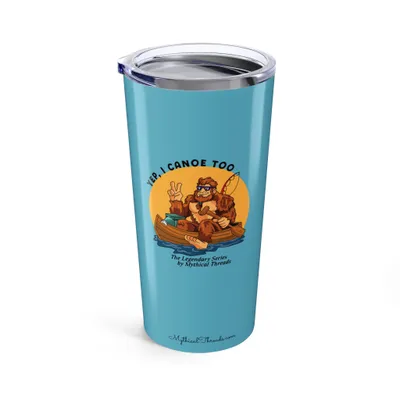 Aqua blue tumbler with Bigfoot canoeing graphic