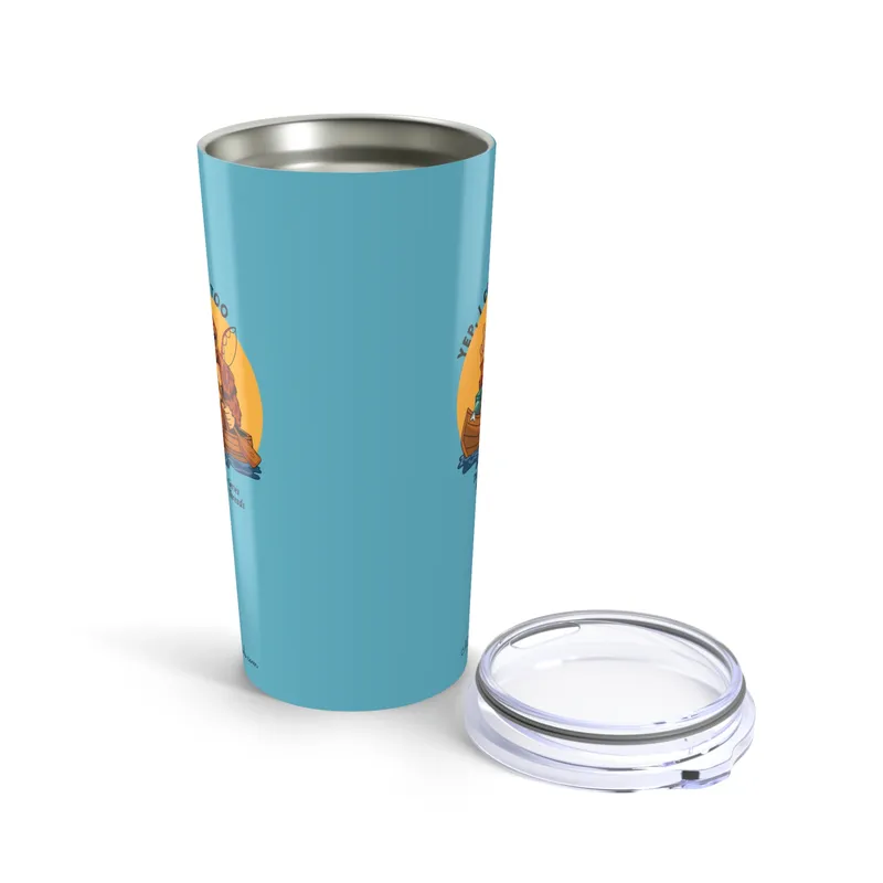 Aqua blue tumbler with Bigfoot canoeing graphic