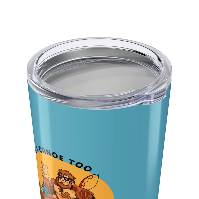 Aqua blue tumbler with Bigfoot canoeing graphic