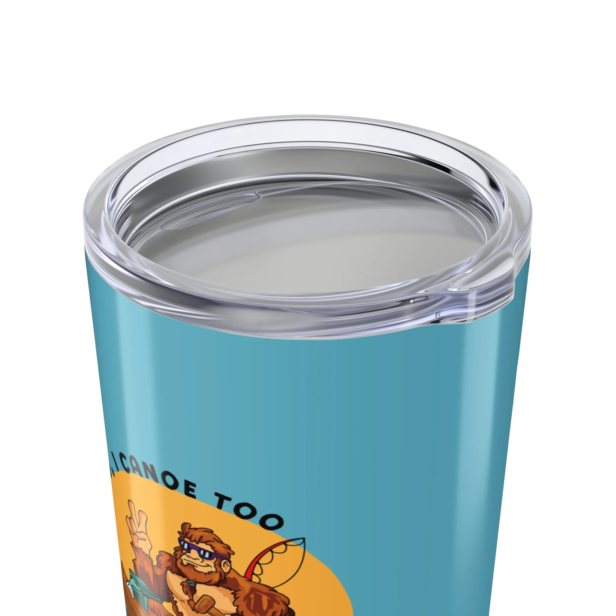 Aqua blue tumbler with Bigfoot canoeing graphic
