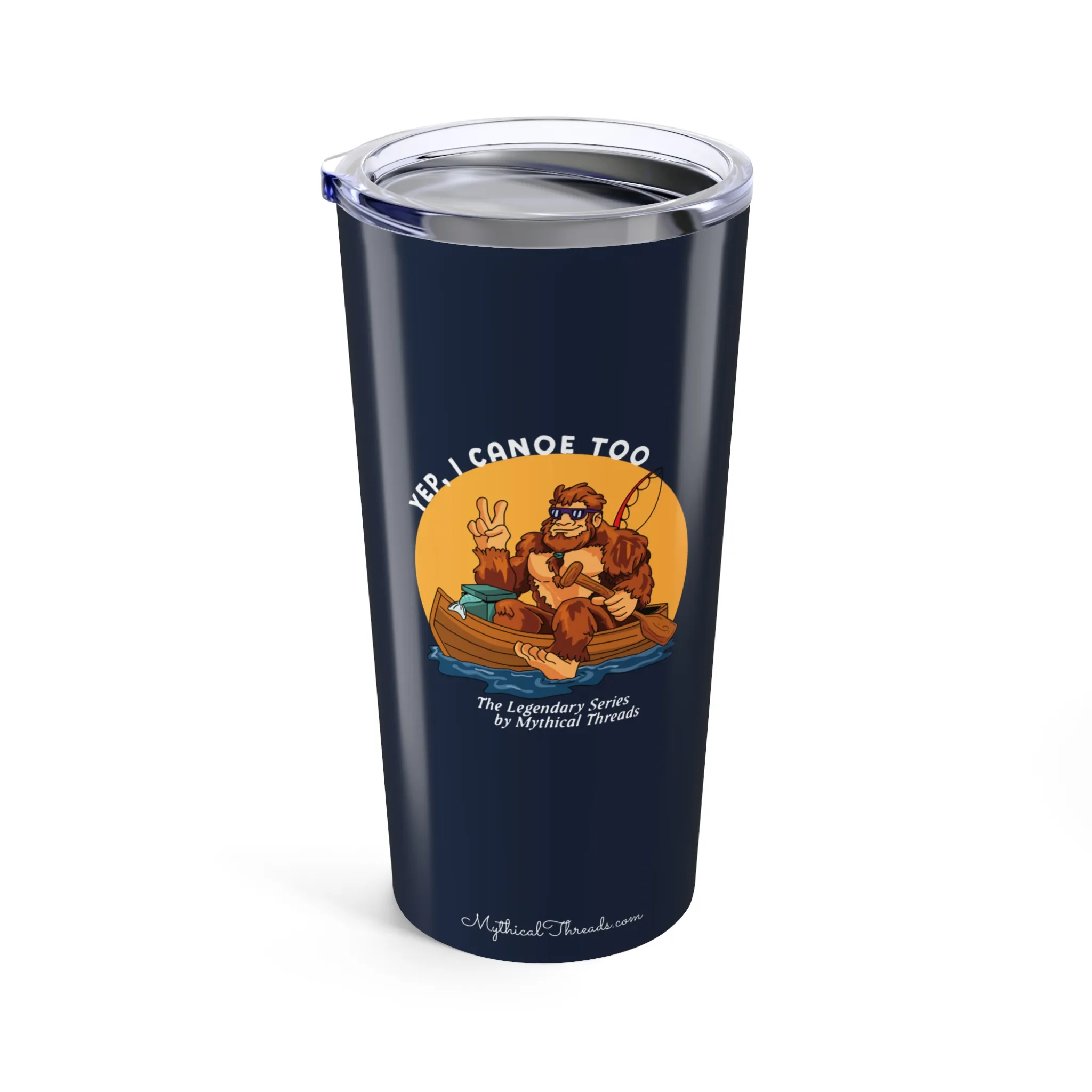Midnight navy tumbler with Bigfoot canoeing graphic