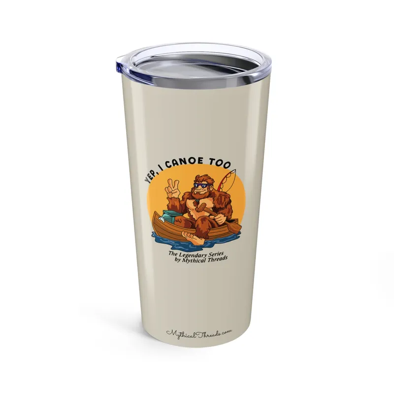Warm stone tumbler with Bigfoot canoeing graphic