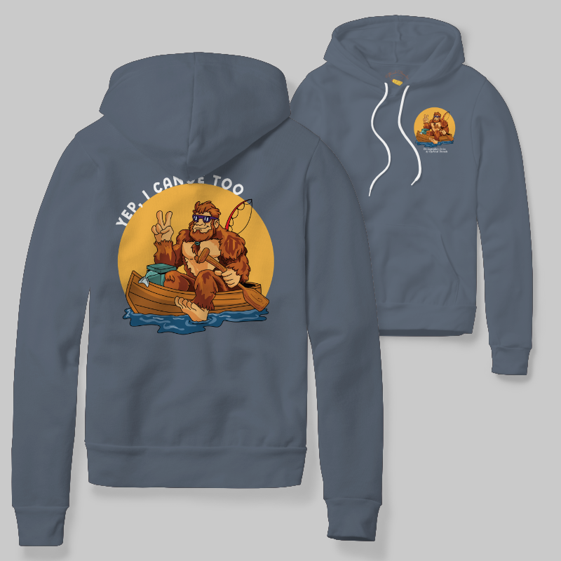 Blue Jean Hoodie with Bigfoot canoeing graphic