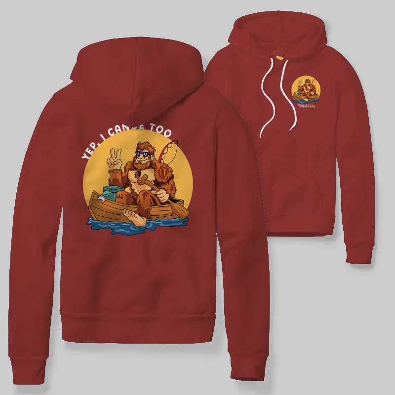 Crimson Hoodie with Bigfoot canoeing graphic