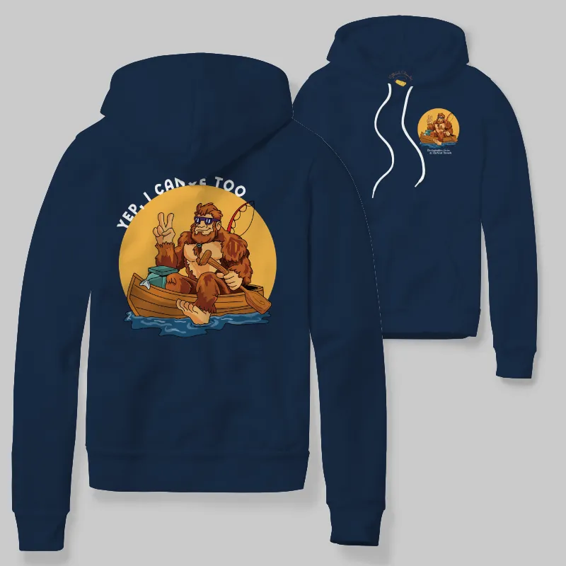 Denim Hoodie with Bigfoot canoeing graphic