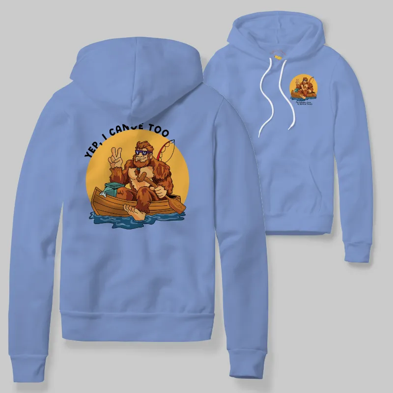 Flo Blue Hoodie with Bigfoot canoeing graphic