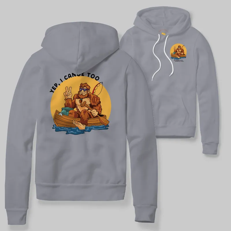 Grey Hoodie with Bigfoot canoeing graphic
