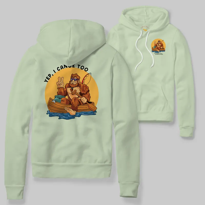 Light Green Hoodie with Bigfoot canoeing graphic